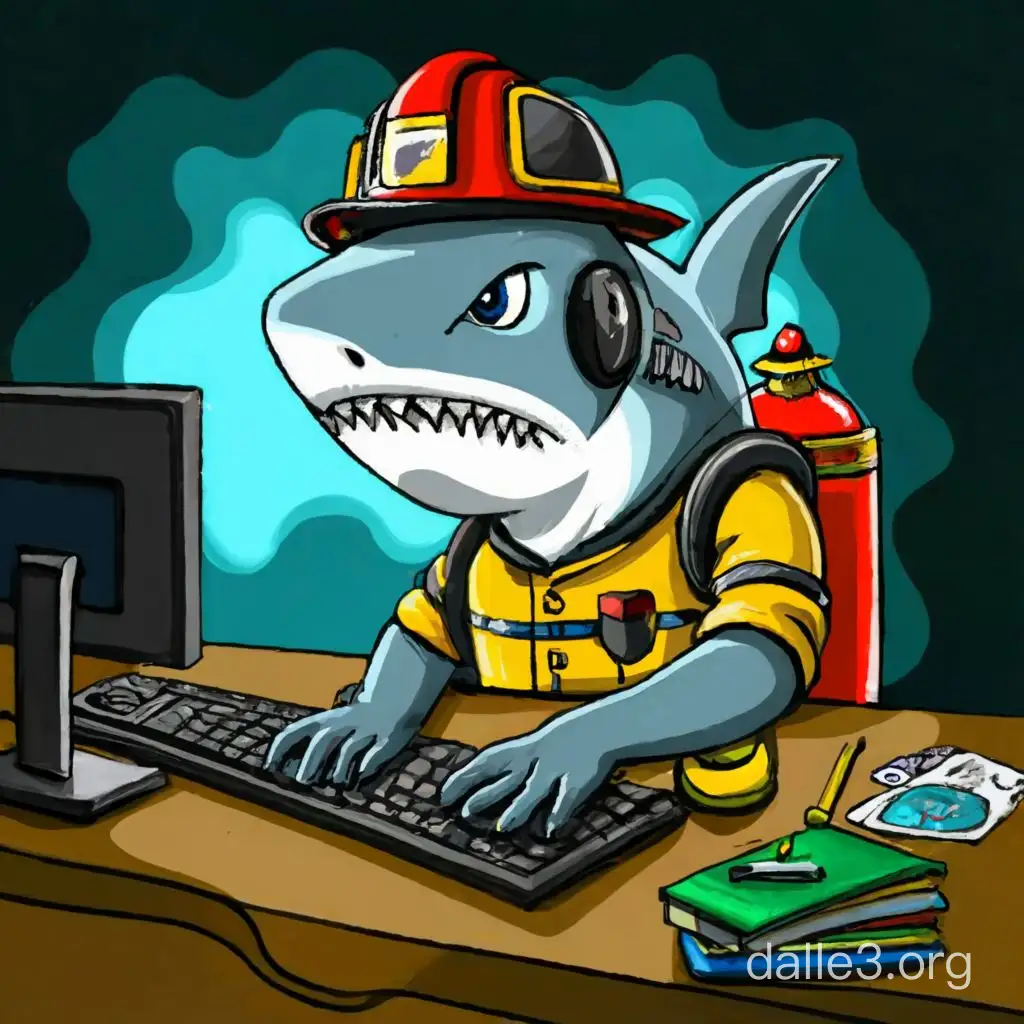 a drawing shark that look like firefighter in his desk using a computer 