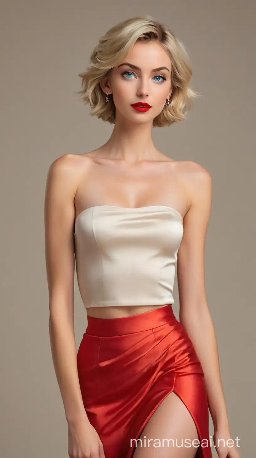 Blond hair woman, short length hair, topless, blue eyes, red lipstick,
tall, slim, skinny, long red satin skirt without any split opening 