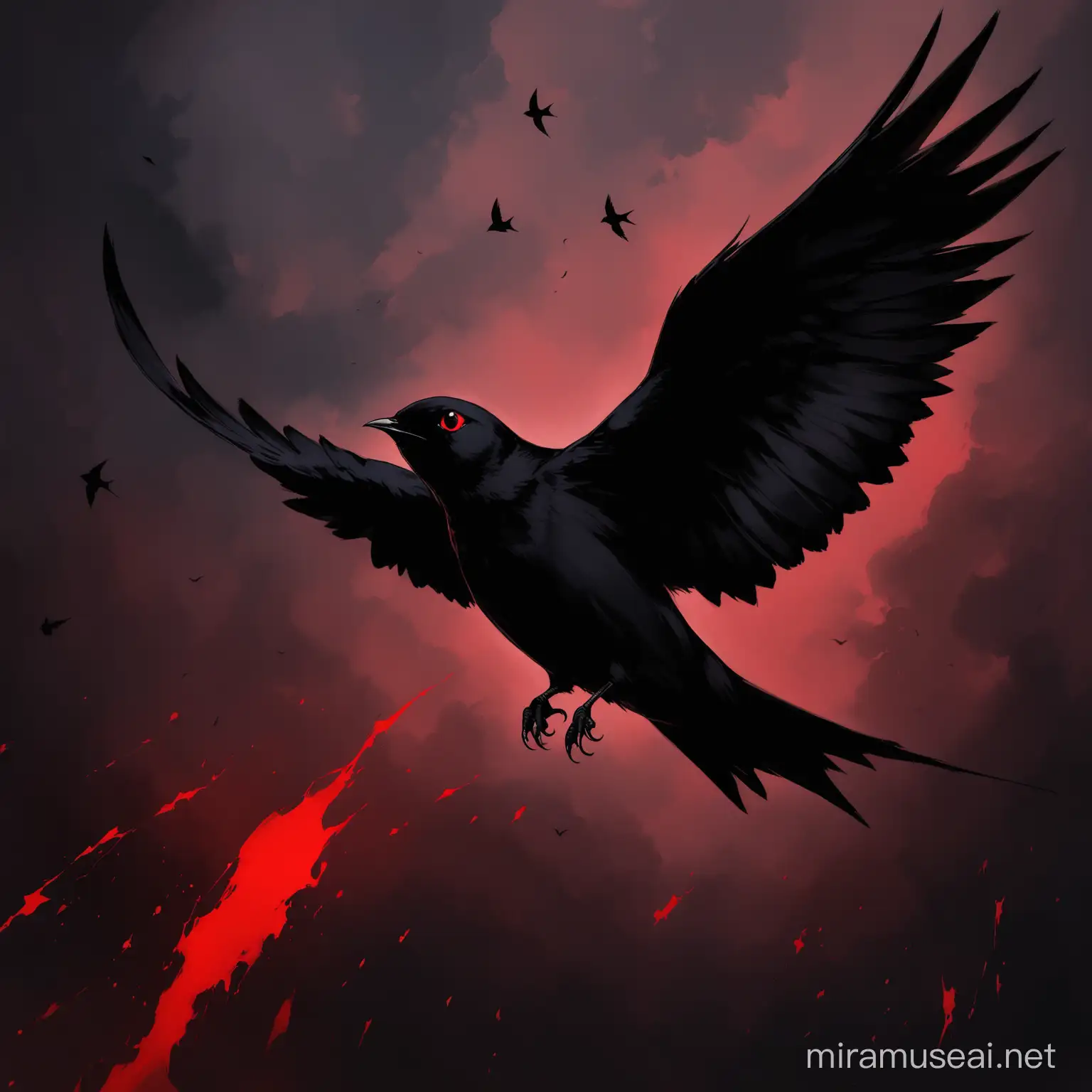  a black swallow flying up with red eyes made from pure darkness, evil being
