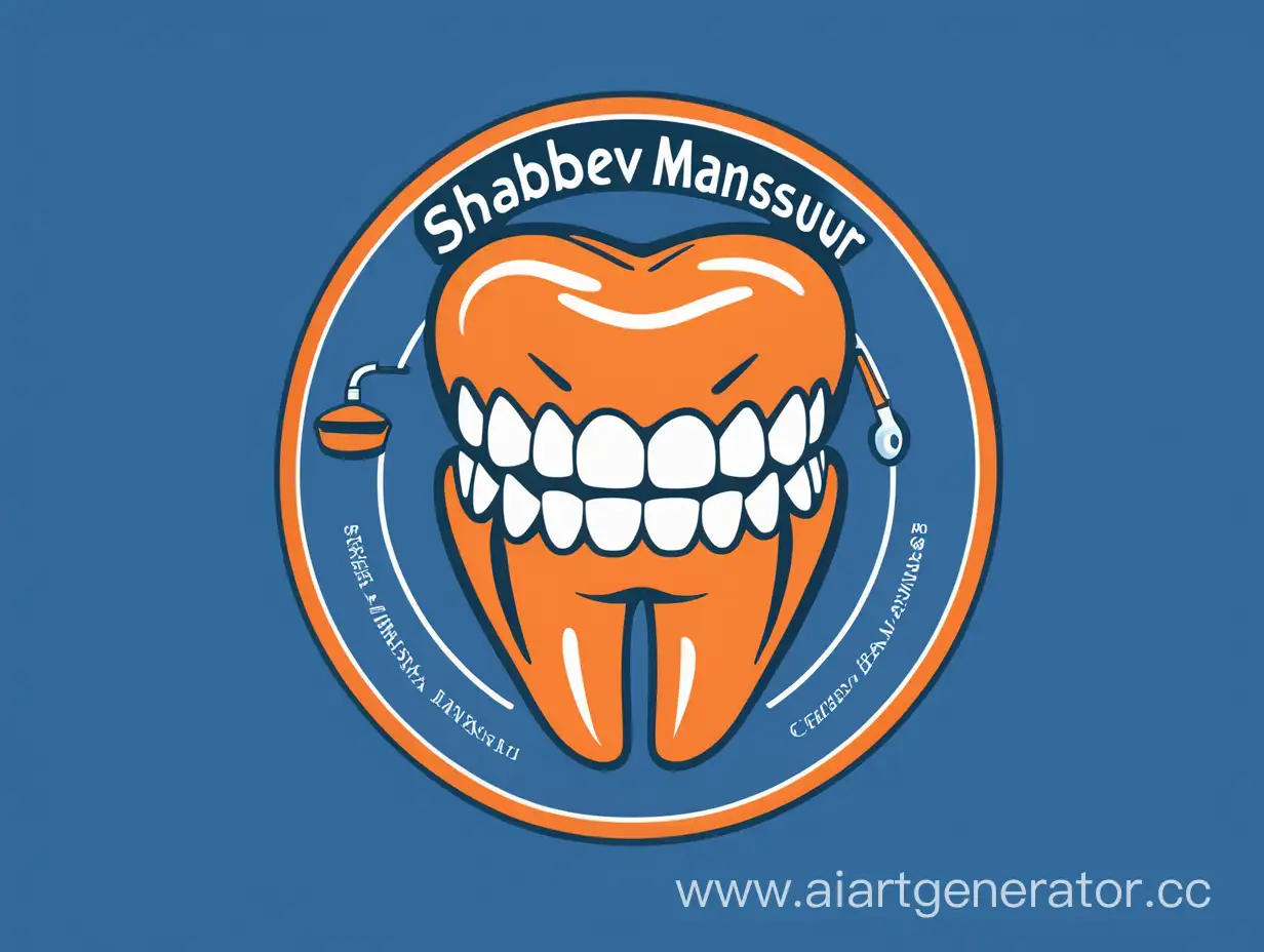 Логотип для зубного врача, голубой цвет, немного оранжевого, текст:"Шабаев Мансур"