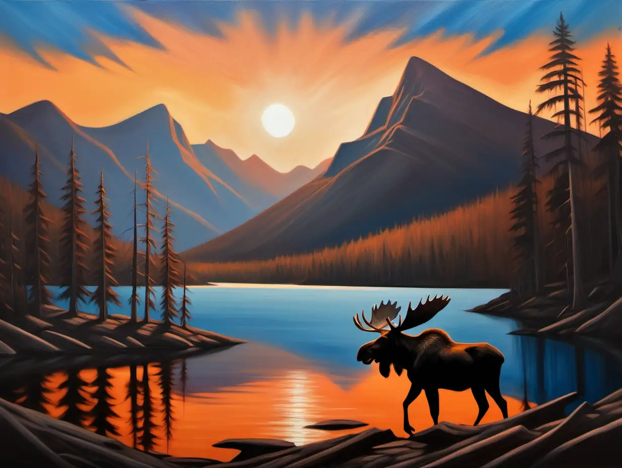 oil painting of moose silhouette, forest, sunset,  mountain, lake, pine trees in foreground, blue and orange sky, no sun rays, clear sky