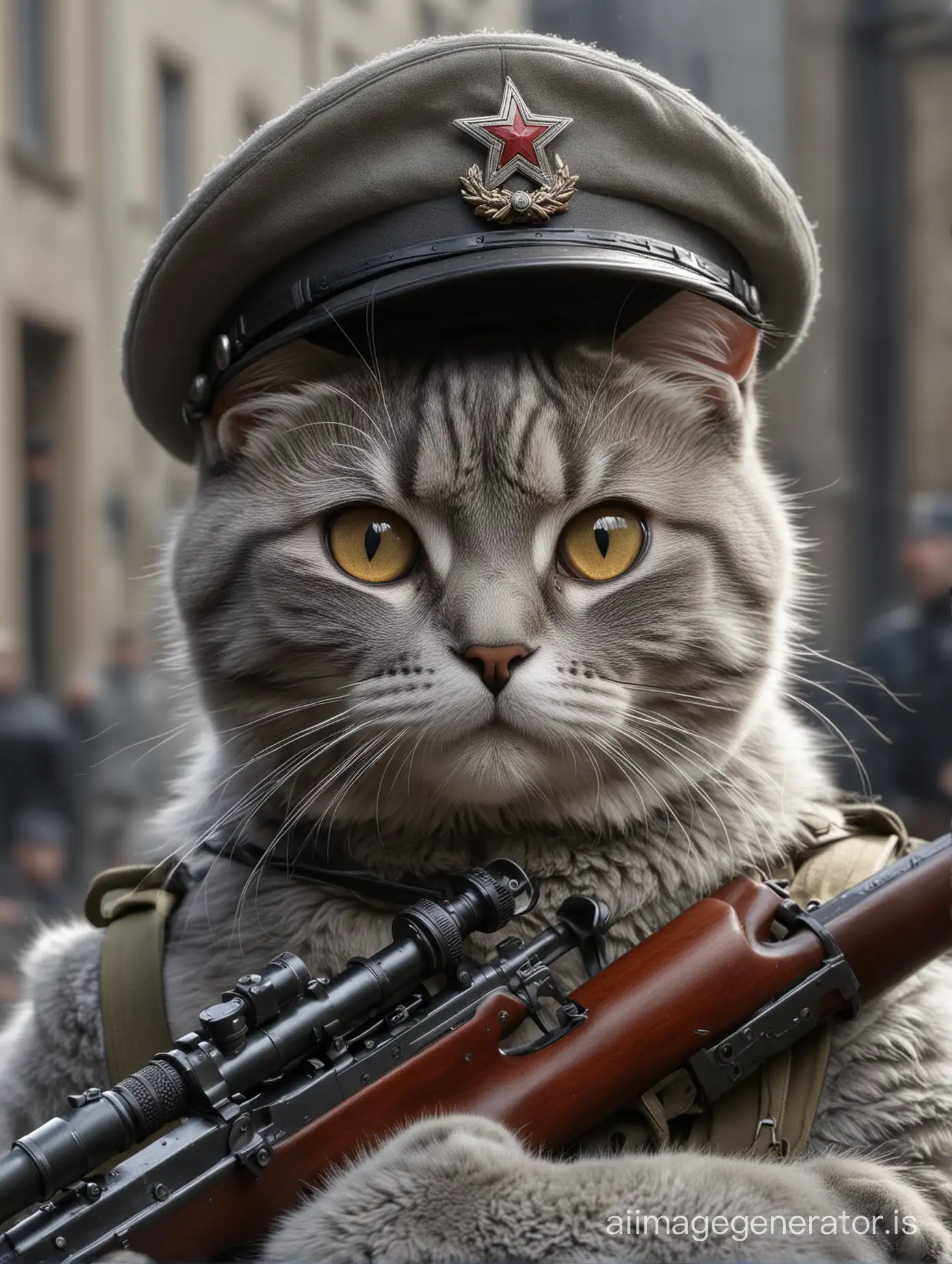 4k, realistic, HD. Soviet officer 1944 style light grey grey eyed cat with mosin riffle in hand in Berlin 