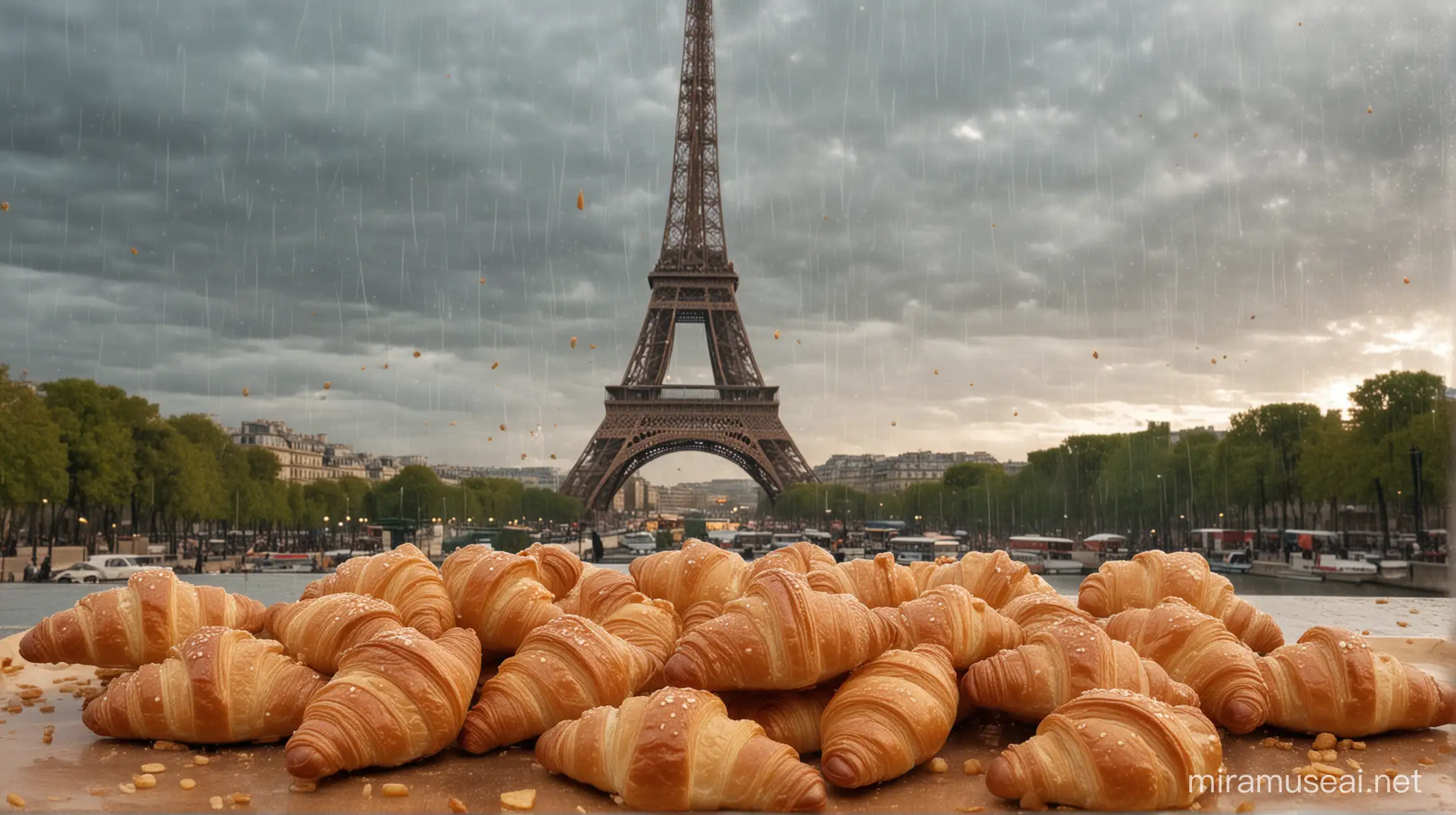 Croissants falling like rain in front of the Eiffel Tower
