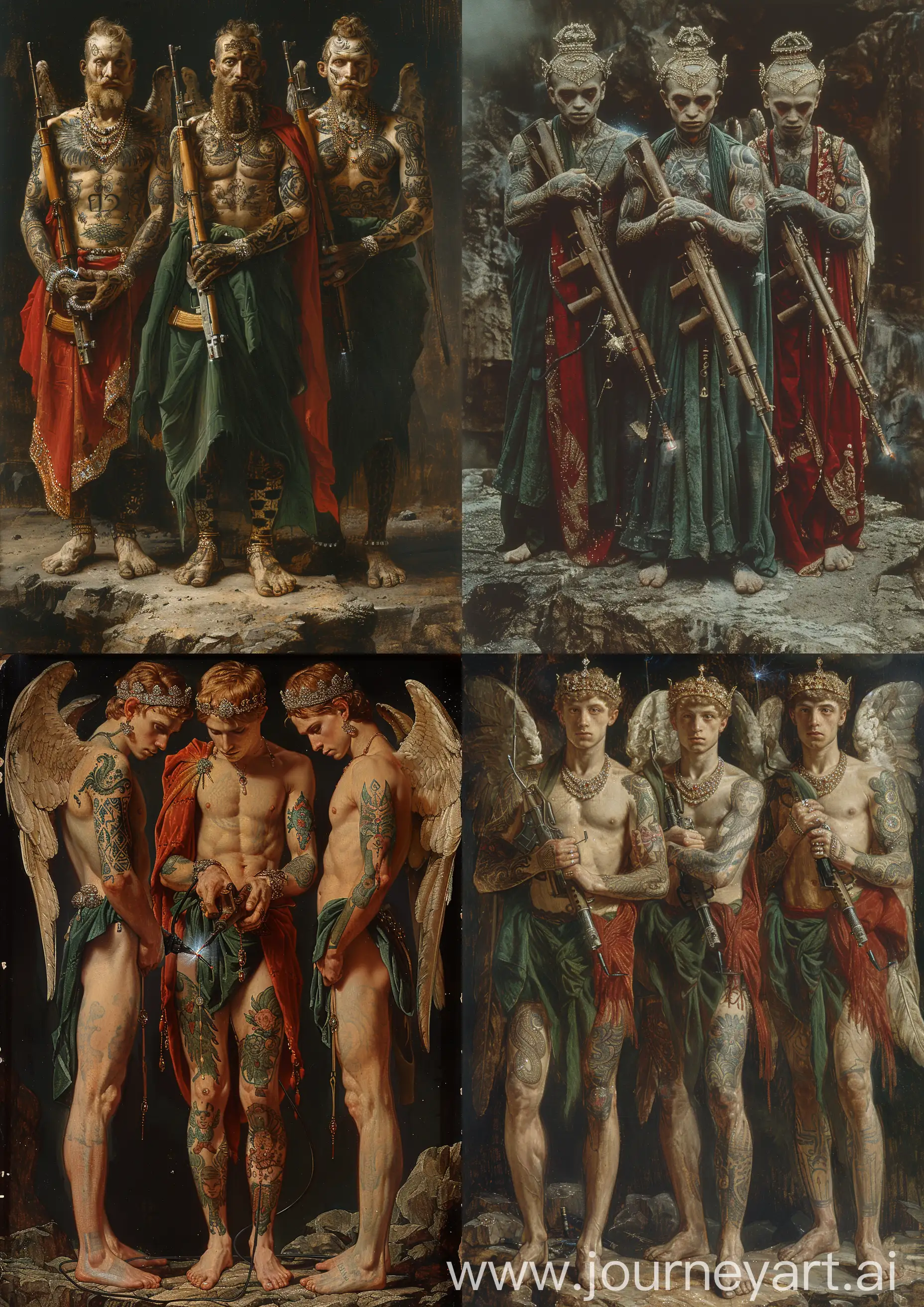 Edward Burne-Jones painting of 3 tattooed male angels warrior wearing green and red clothes ornate in diamonds, silk and robes, welding a kalashnikov, standing on a rock, high tones, high detailed, full body —c 22 —s 750 —v 6.0 —ar 5:7
