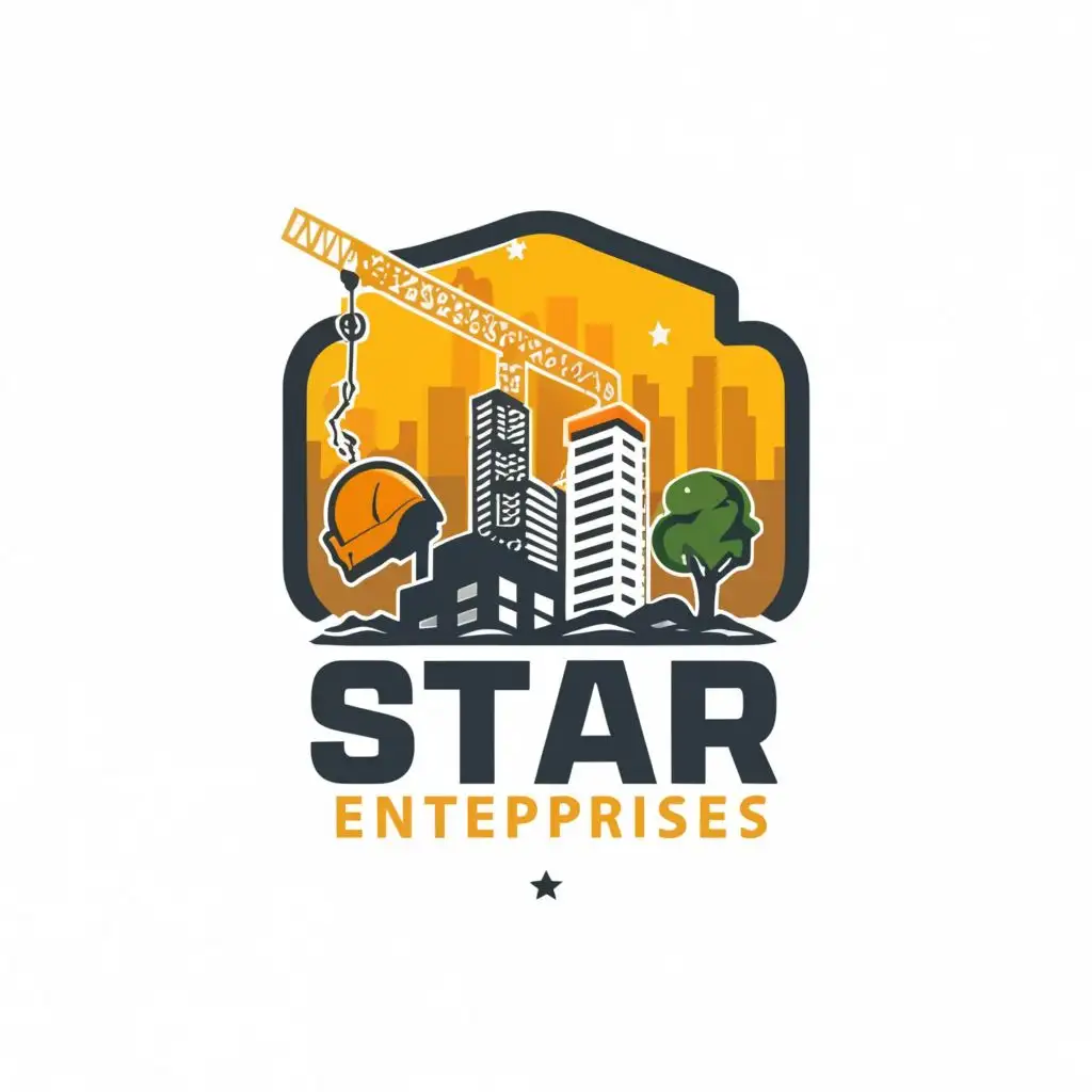 logo, helmet crane building &tree., with the text "STAR enterprises", typography, be used in Construction industry