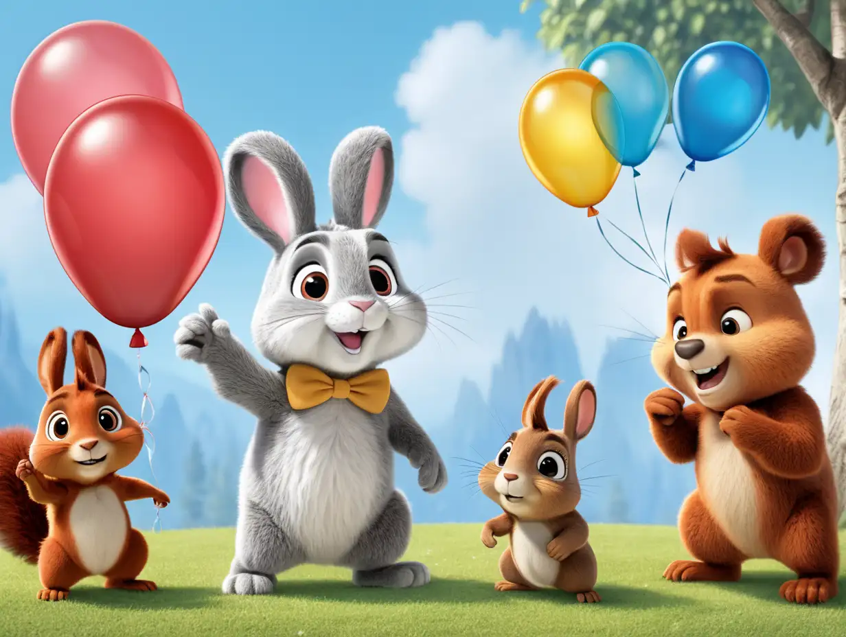 Cheerful Rabbit Coco and Friends Gazing at Floating Balloons