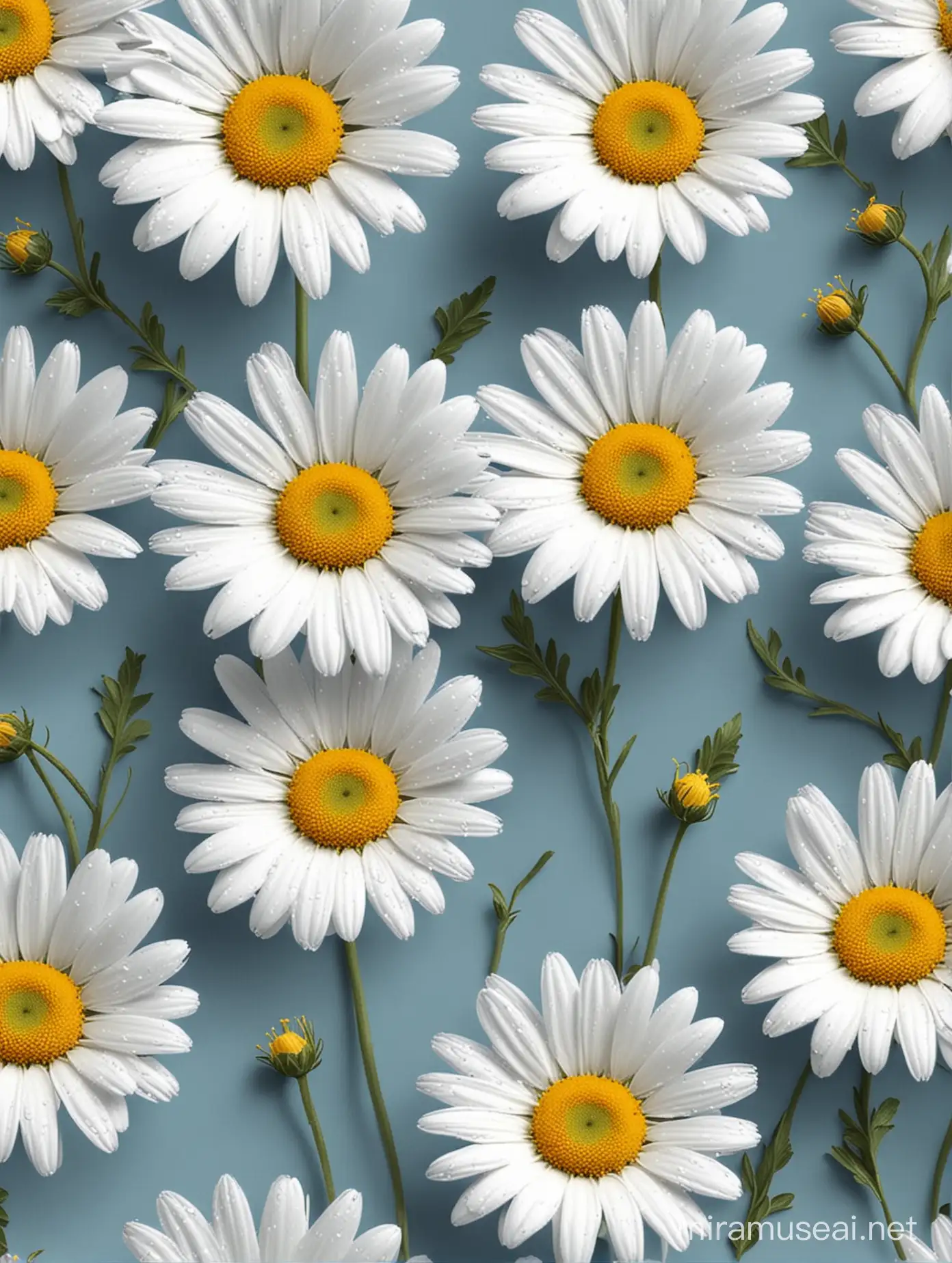 Blue Wild Daisy Seamless Botanical Pattern on White Background