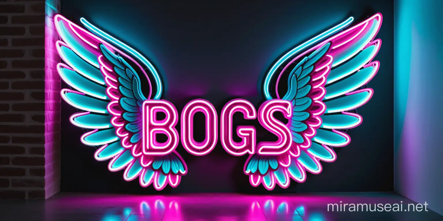 luxury neon logo sign. "Bogs". large and bulky. very intricately and microscopically detailed. the color scheme is magenta, light white, chromatic, baby blue. Angel wings in the background.