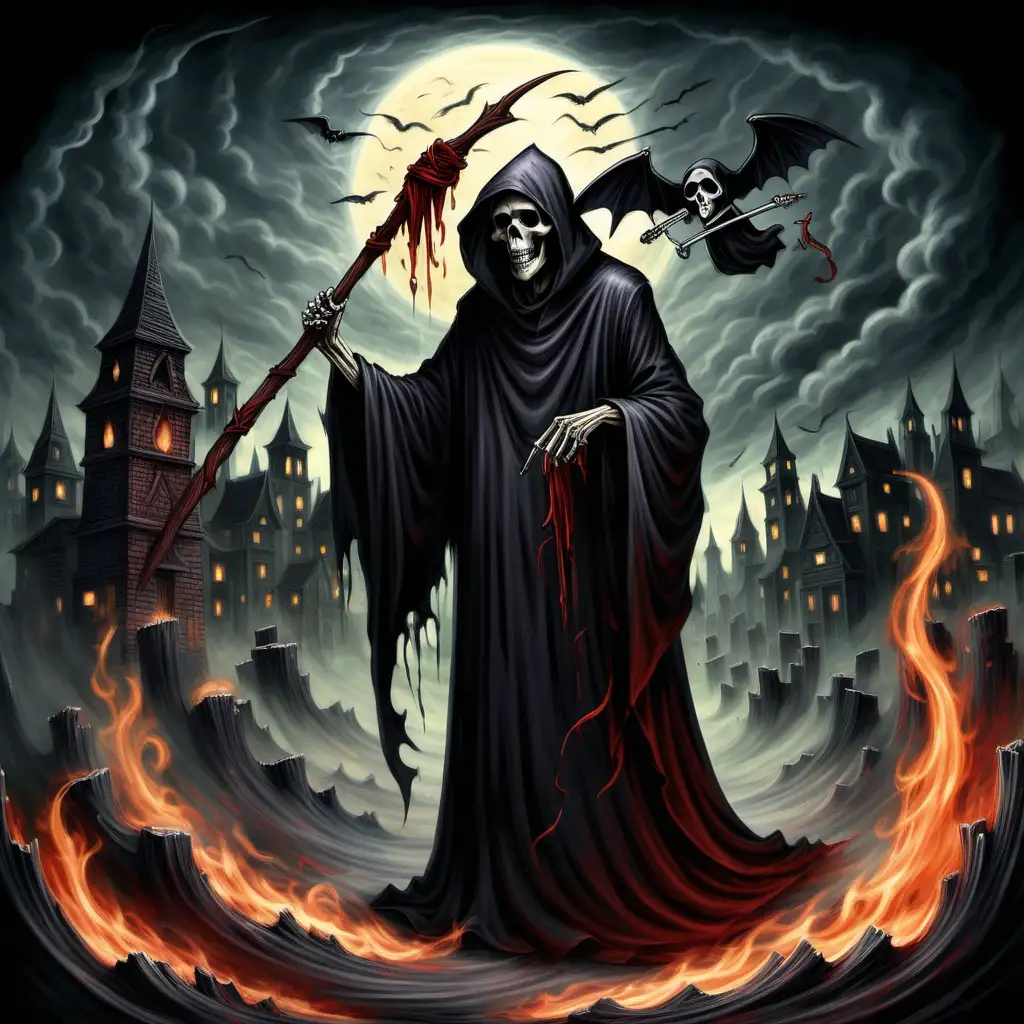 Create an image that I can upload to mid journey but also use this description: In an unexpected twist of fate, a cheerful Grim Reaper stands amidst an area marred by poverty. Clad in dark robes adorned with surprisingly vibrant accents, the Grim Reaper wears an uncharacteristic smile as they wield a quill, diligently writing on scrolls. 

Surrounded by the echoes of hardship, the scrolls take form with ethereal words, capturing the resilience and hope of souls rising from the challenges of the impoverished realm. The Grim Reaper's demeanor is far from ominous; rather, it exudes a sense of compassion and understanding, as they work to document tales of triumph amidst adversity. In this unusual scene, the Grim Reaper becomes a symbol not of foreboding doom, but rather a custodian of resilience, weaving scrolls that tell the uplifting stories of souls who have conquered their struggles.