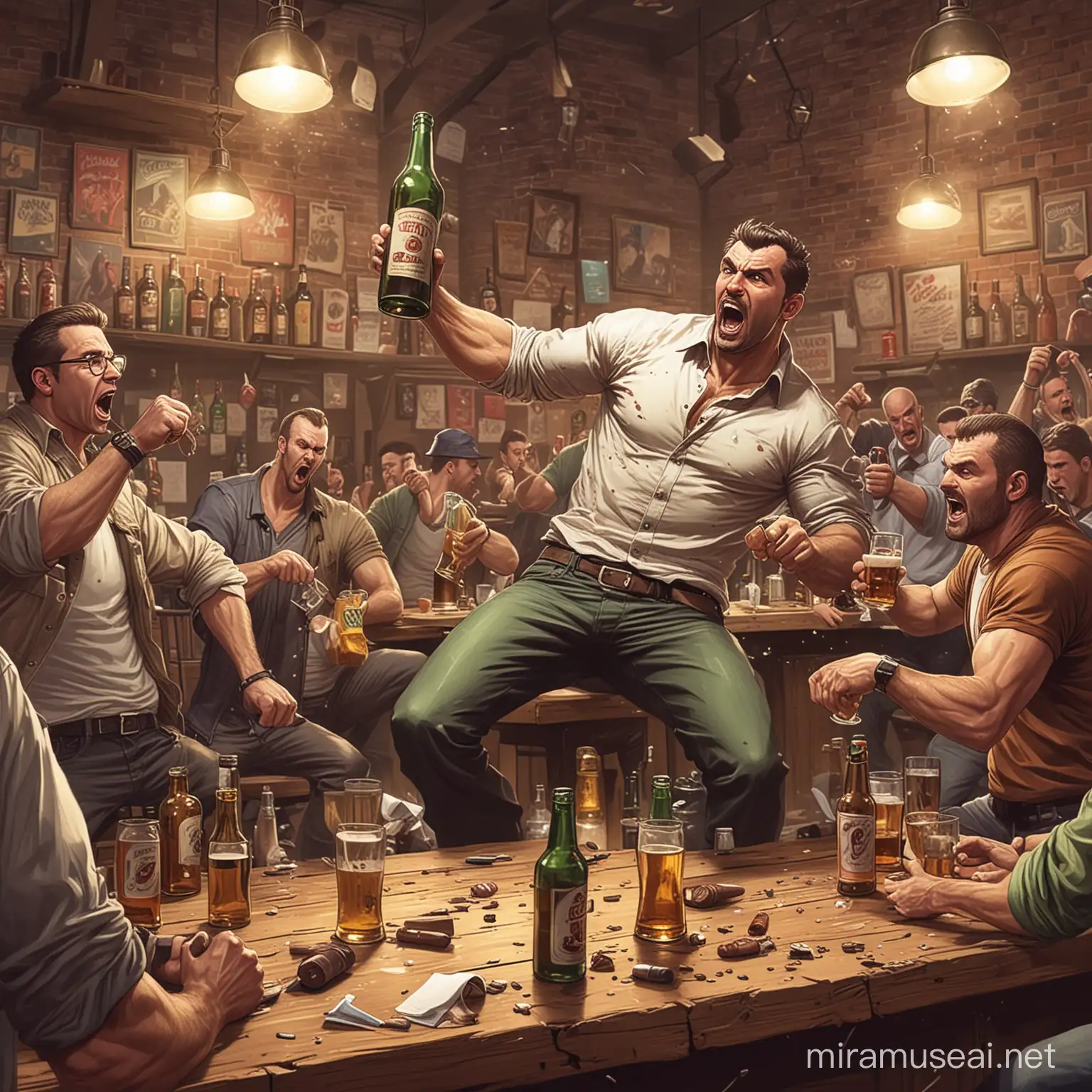 men at bar fighti during beer drining, gta comic style, a lot of chaos, flying chair and bottles
