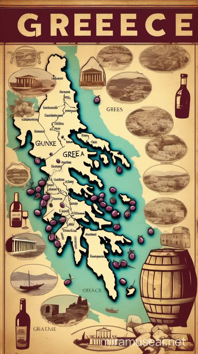 art style is colorful. include grungy looking greek flag in the background. include images of greek wine, olives, greek archer, greek ships, santorini and all other important and popular tourist spots with their locations. linear map of greece showing photos of tourist spots and names of places
