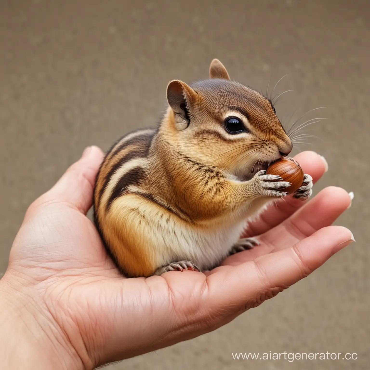 Маленький пухленький бурундук на руке у человека ест орех  
