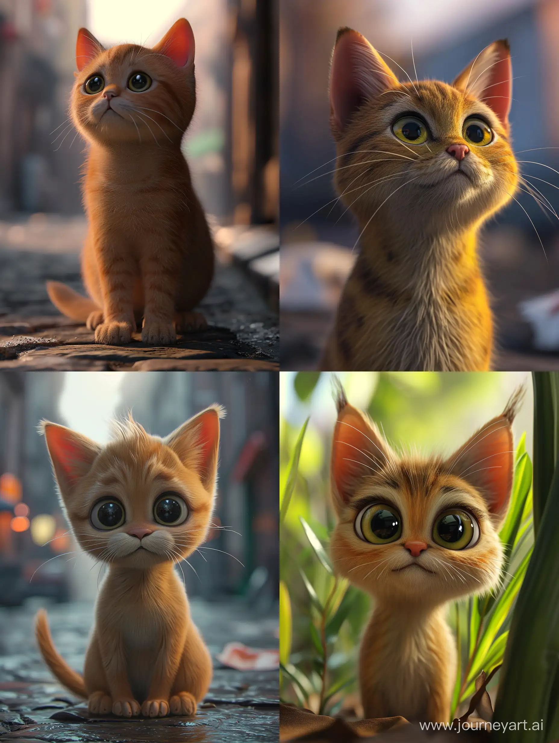 a cute cat  in the style on Jean-Baptiste monge and Pixar, Daz3d, In the style of hyperrealistic landscapes, charming character illustrations,  cinematic lighting, street style realism