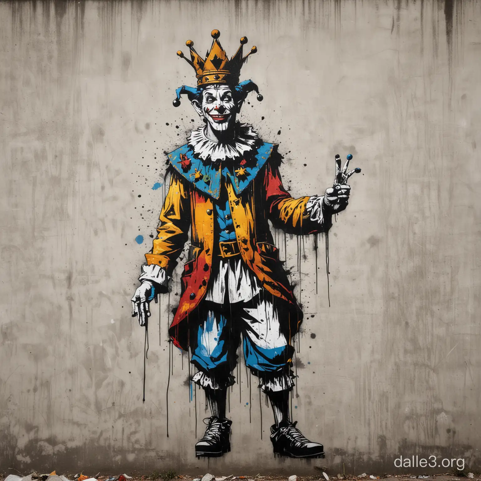 Banksy style graffiti of a Jester wearing a crown