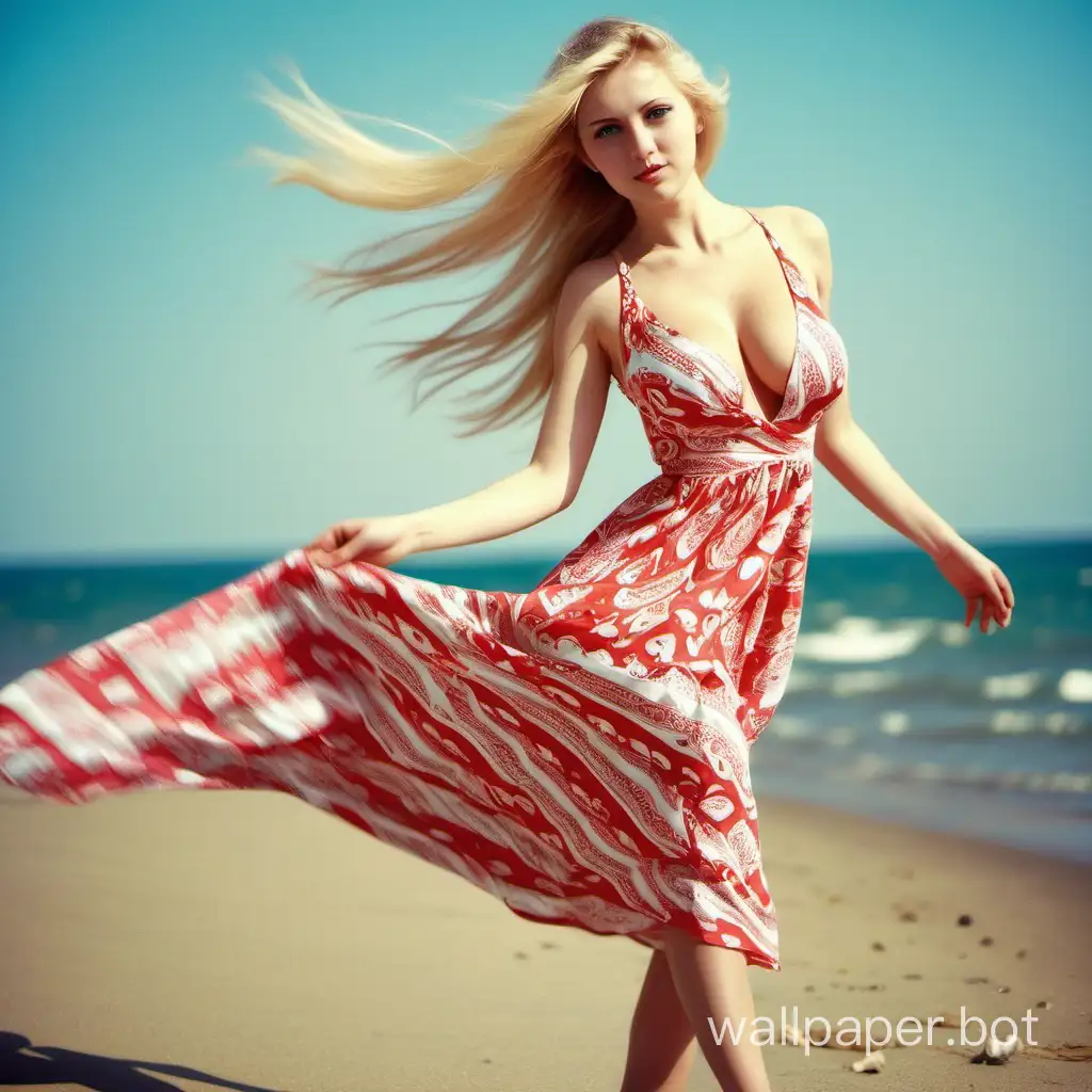Girl, Russian, 25 years old, blonde, tips of hair pink, green eyes, full-length shot, in red and white dress, dress with pattern, dress has a low-cut neckline revealing large breasts, hair straight and blowing in the wind, girl on a beach background with no people and blue sea, girl facing the light, girl posing, playing with hair