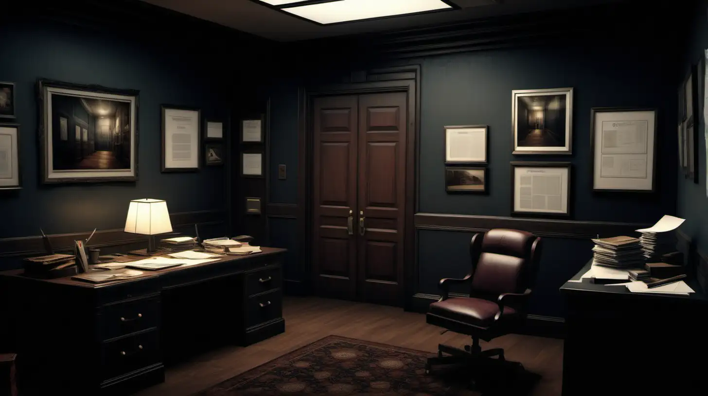 Covert Detective Agency Intriguing Dark Interior and Mysterious Desks