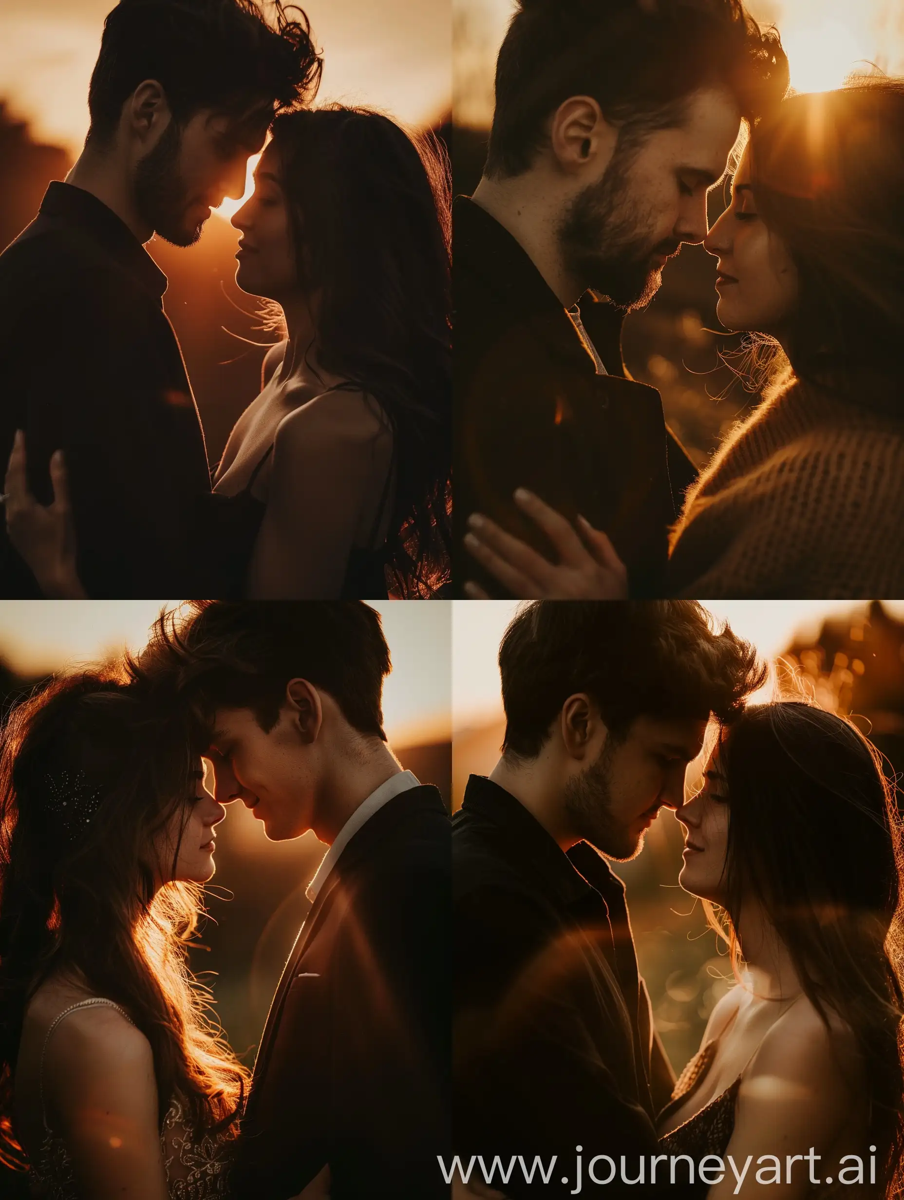 dark photo of a couple in love, close-up, golden sunset, looking at each other, side view, waist-high
