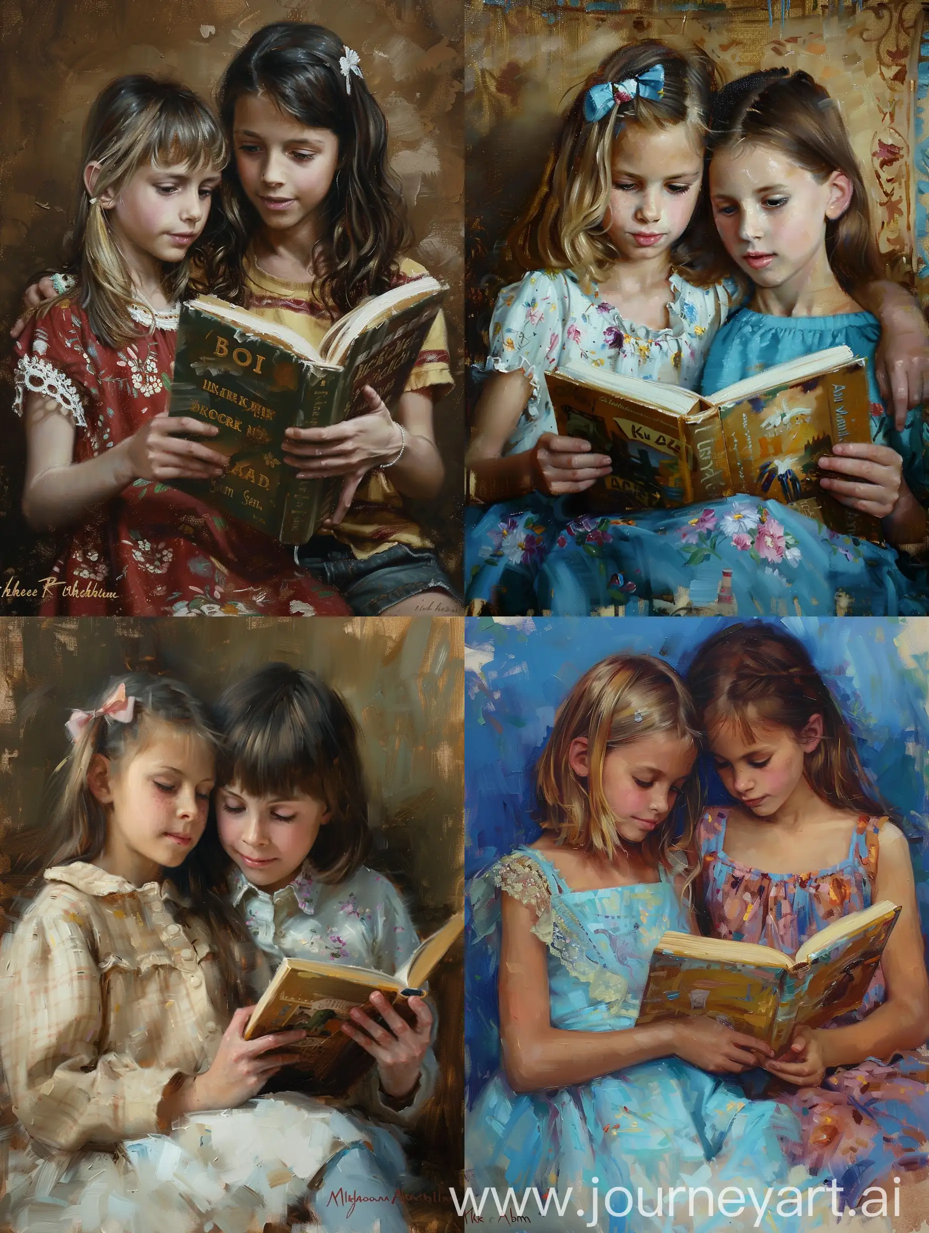 a painting of two girls reading a book, by Winona Nelson, beautiful painting of friends, by Kathleen Browne, fine art portrait painting, mark brooks and brad kunkle, award-winning oil painting, nick alm, award - winning painting, award-winning painting, beautiful gemini twins portrait, emotional oil painting, casey baugh and james jean, by Maggie Hamilton