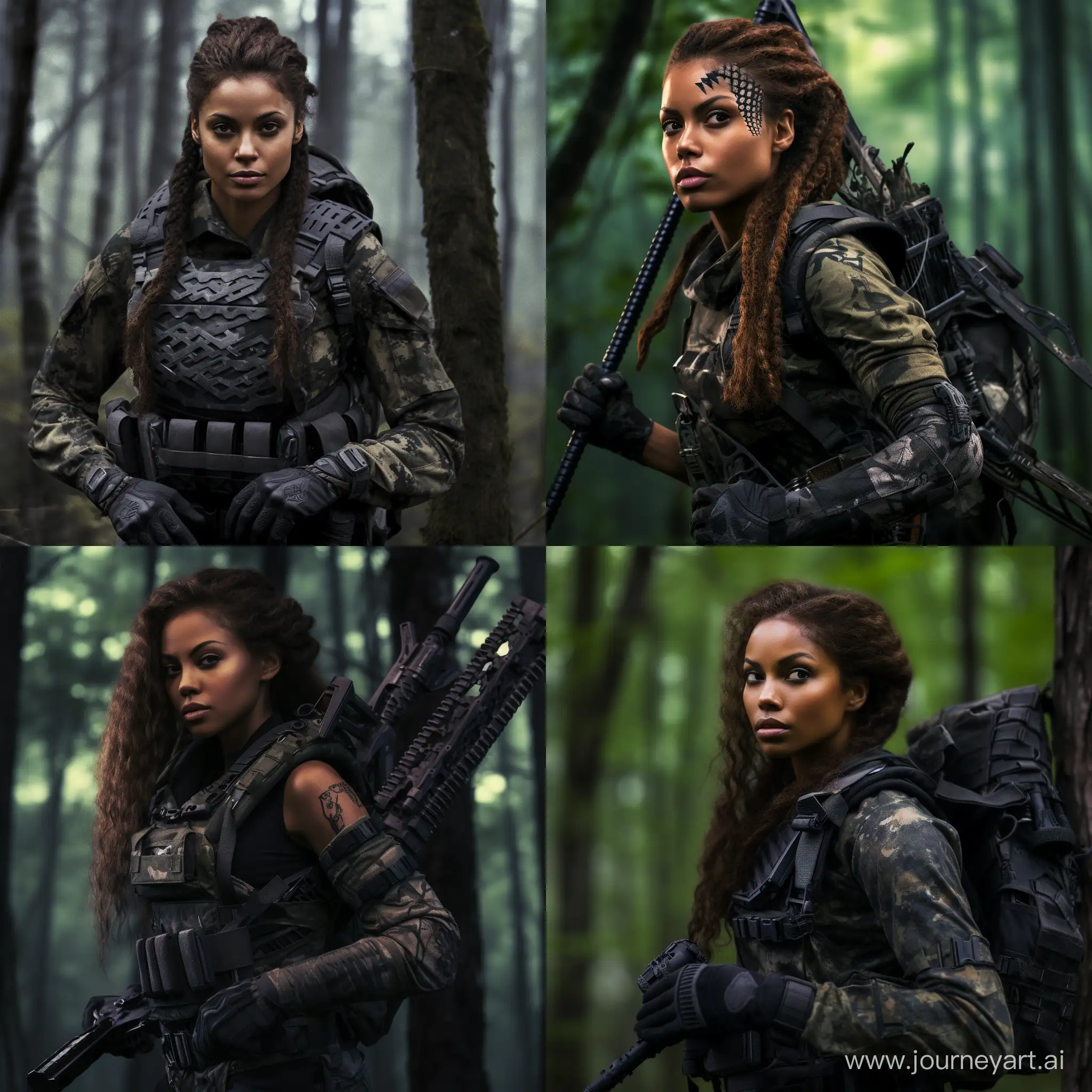 beautiful mulatto skin Sheva Alomar S.T.A.L.K.E.R  mercenary black tactical equipment dark forest dead trees 