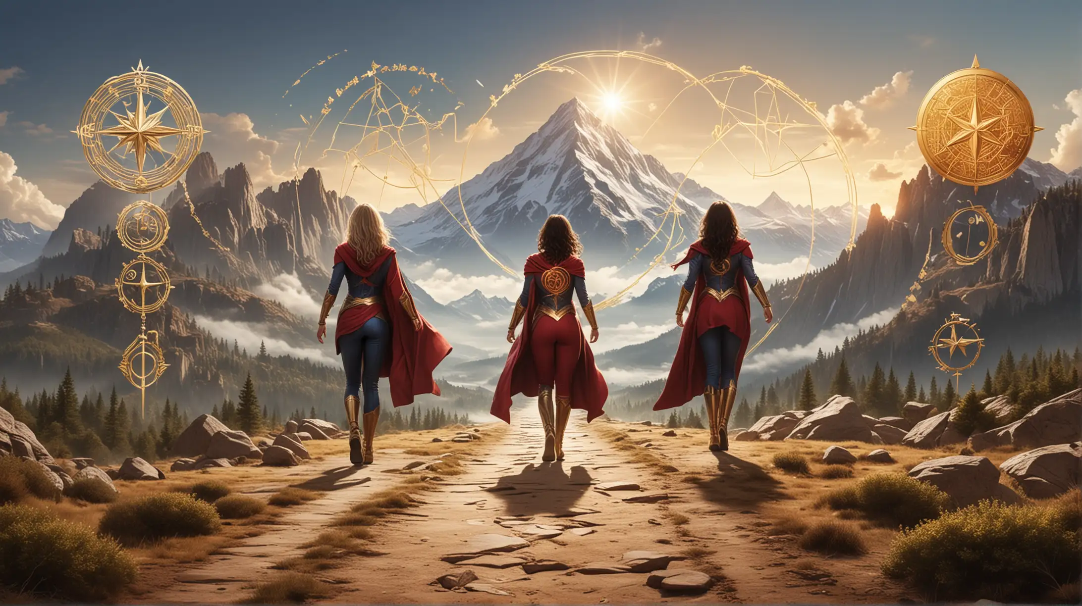 Create an image that symbolizes the journey of discovering and following one's personal destiny with 5 stages from left to right. The path leads towards a distant, majestic mountain, representing the pursuit of a personal goal or inspired destiny. Along the path, there is a woman in superhero clothes walking, followed by 5 other diverse superheros. Various symbols of self-discovery and growth along the way: compass, ikigai, wealth dinamics, enneagram, wheel of life. At the end the brain and heart symbols in gold. 