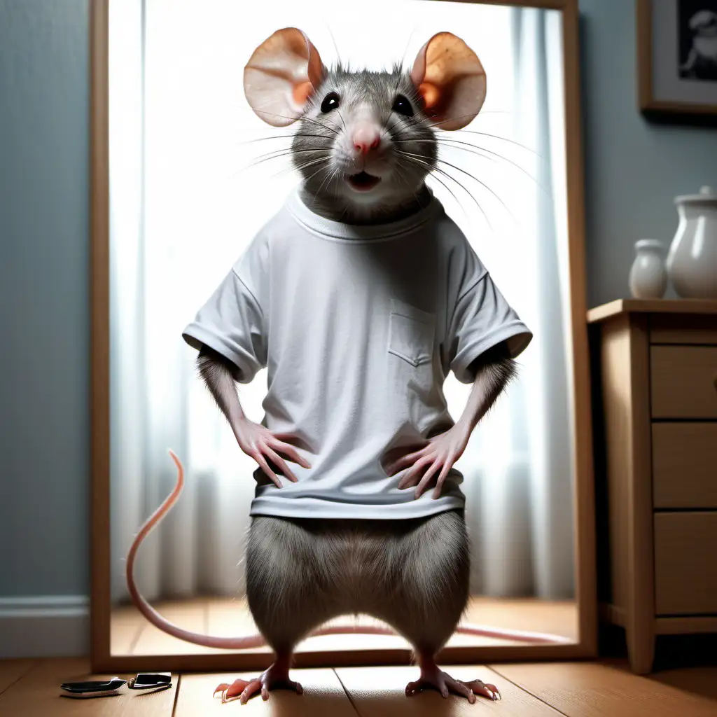 Confident Rat in Comically Oversized TShirt Admiring Reflection