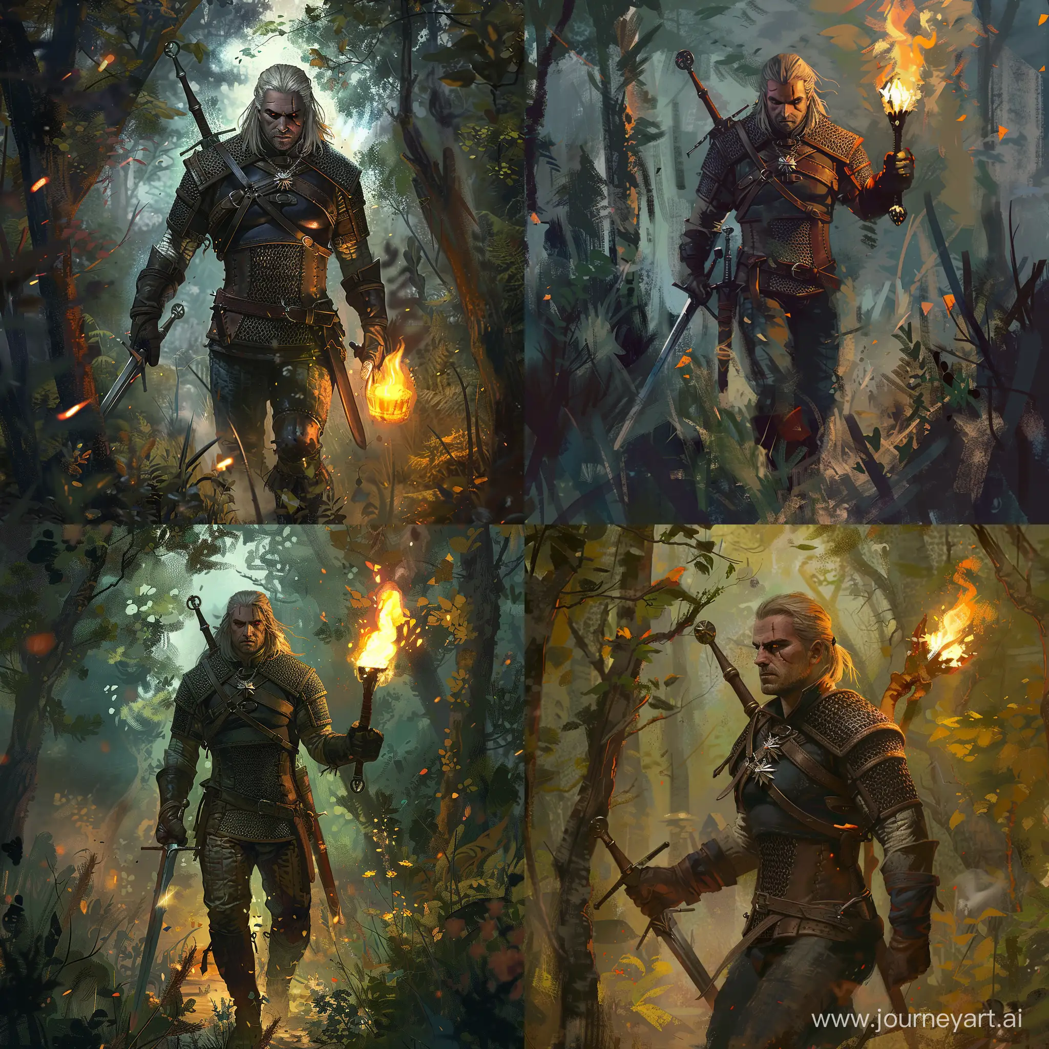A witcher with a calm face, holding a sword and a torch, walks through the forest