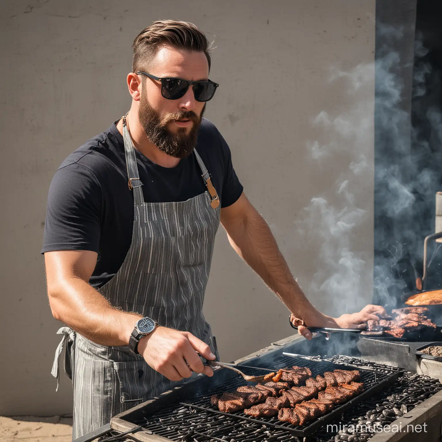 man grilling with beard and sunglasses, using an apron, cuban chain and black watch