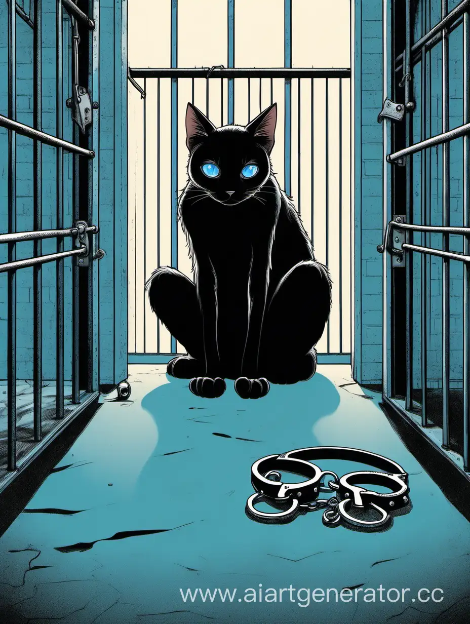 Confined-Black-Cat-in-Prison-Cell-with-Muzzle-and-Handcuffs