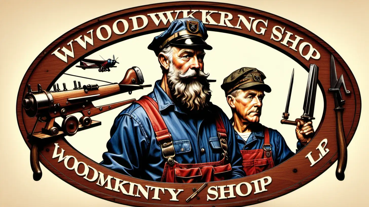 "woodworking shop" logo infantry man with beard and pilot like Norman Rockwell