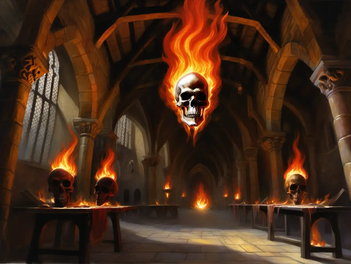 flaming skull, Medieval hall interior, Medieval fantasy painting, MtG art