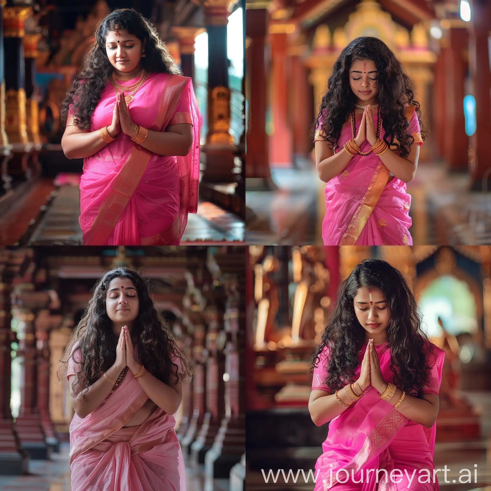 a photo of a very beautiful curvy Malayali girl, 18 years old, wearing a pink Pattu Pavada and praying in the temple, Kerala Thrissur Temple background, depth in color, balanced saturation, tetradic colors, epic quality, wide angle lens, waist shot, half body shot