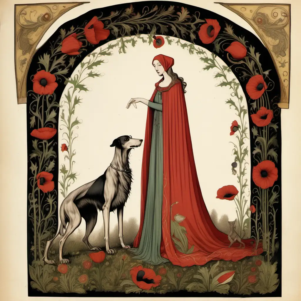 Enigmatic Mythical Woman with Borzoi Companion Surrounded by Poppy Flower Border