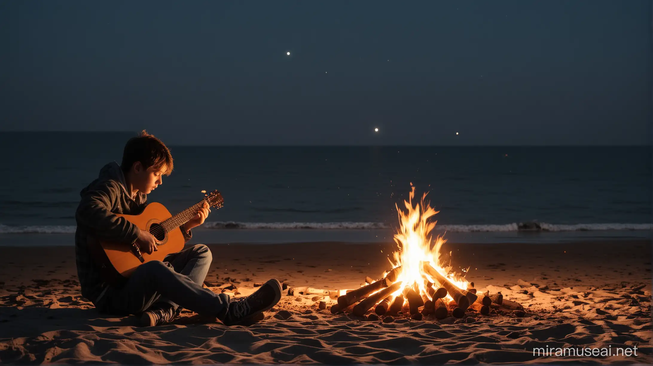 A sad boy  are sitting next to a bonfire on the seashore at night, the boy is playing guitar

