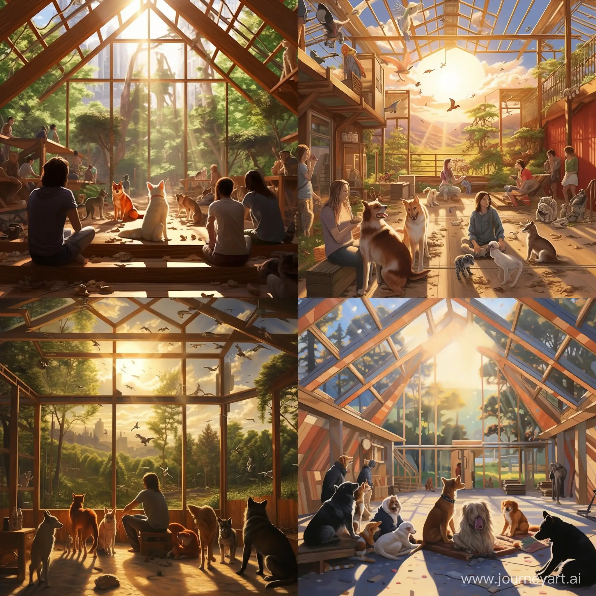 animal shelter, dogs, cats, people, training, wood construction, trees, sun