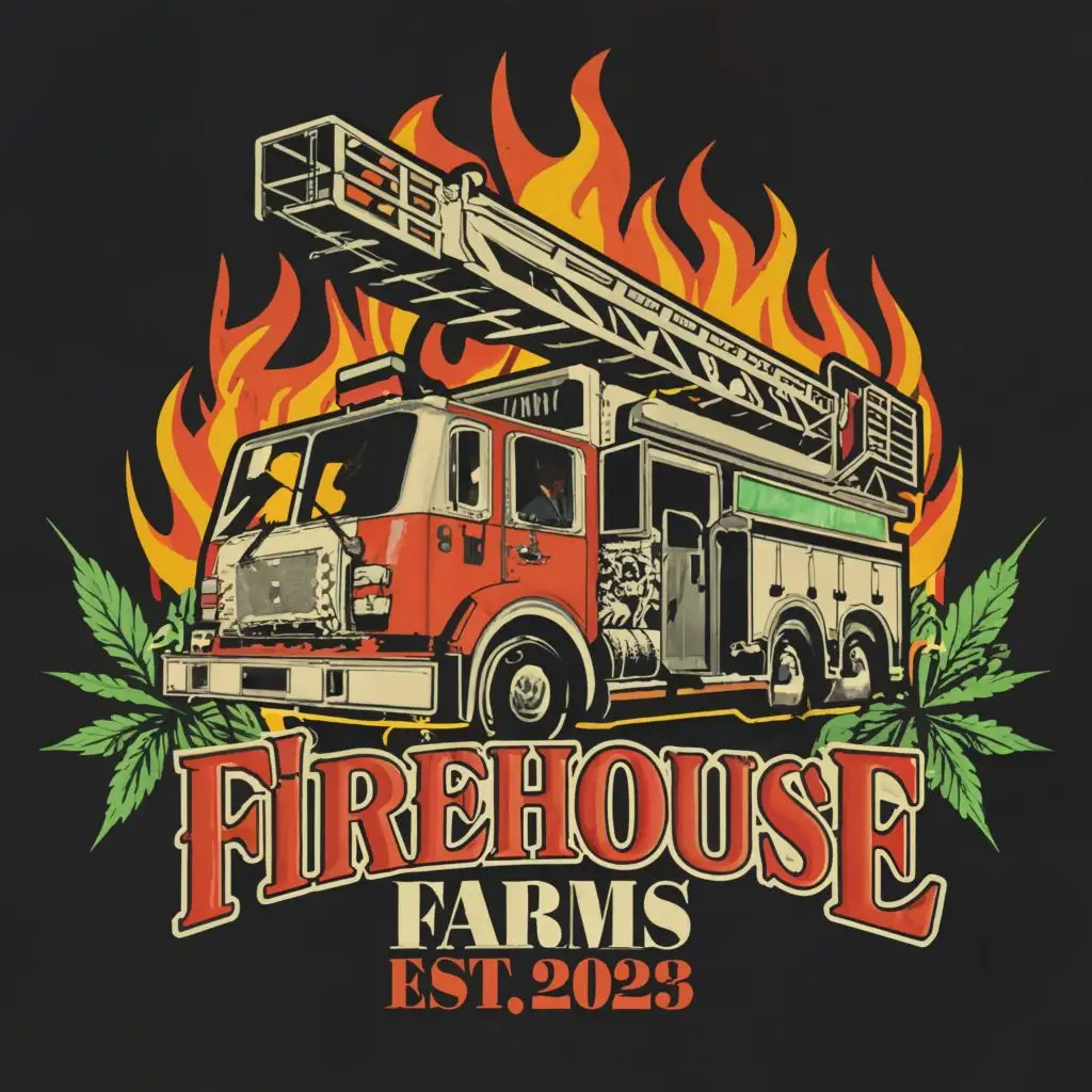 sticker logo, firetruck ladder extended in front of a fire station with Cannabis Leaves, Flames, Smoke, with the text "Firehouse Farms", typography with EST. 2023