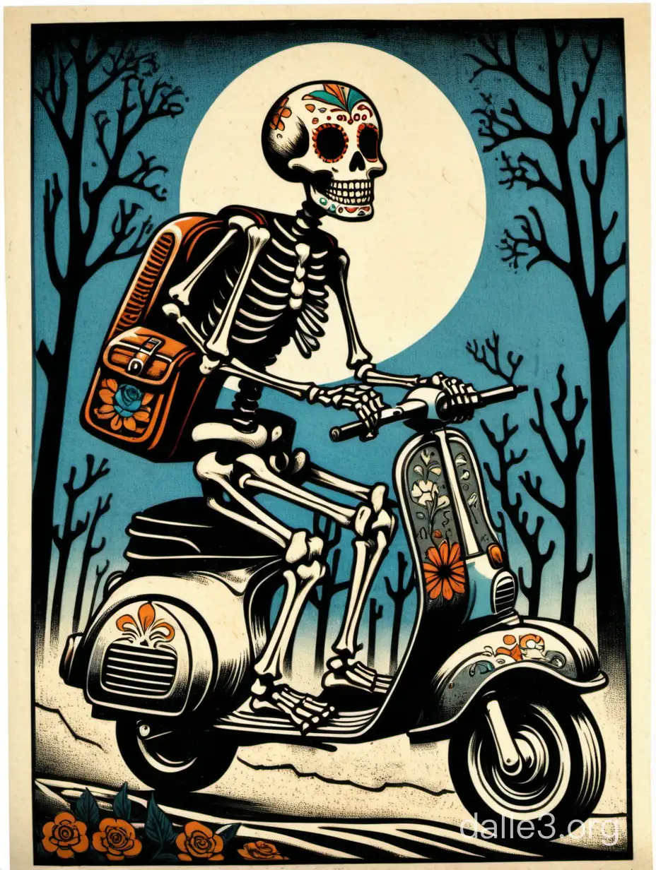 woodblock print of day of the dead skeleton riding a vespa