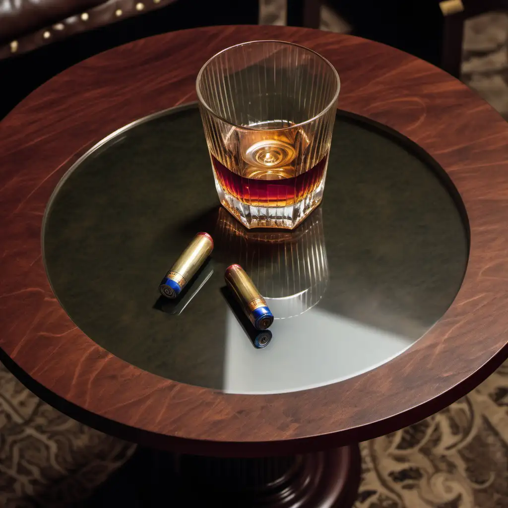 small round table with glass of whiskey and two shotgun shells on it.