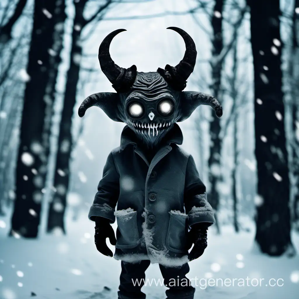 Демон ему 5 лет ,круглые глаза чёрного цвета,покрыто всё лицо маской,смотрит в камеру,одет в шубу и варежки,присыпанный снегом,на голове причудливые рожки монстра. стоит на снегу,сзади размытый зимний лес фон,изображение мрачноё,тёмное,устрашающие. horror film