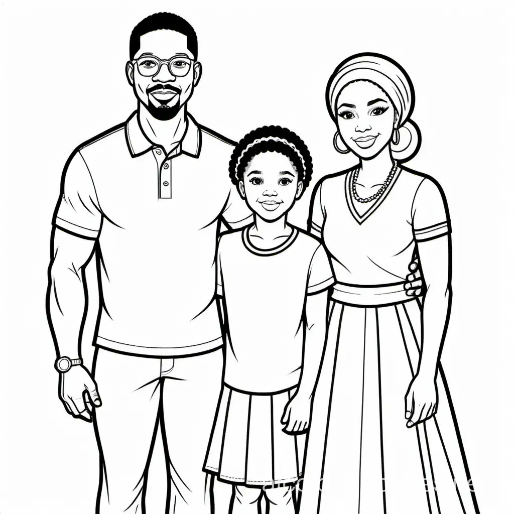 african american family, Coloring Page, black and white, line art, white background, Simplicity, Ample White Space. The background of the coloring page is plain white to make it easy for young children to color within the lines. The outlines of all the subjects are easy to distinguish, making it simple for kids to color without too much difficulty