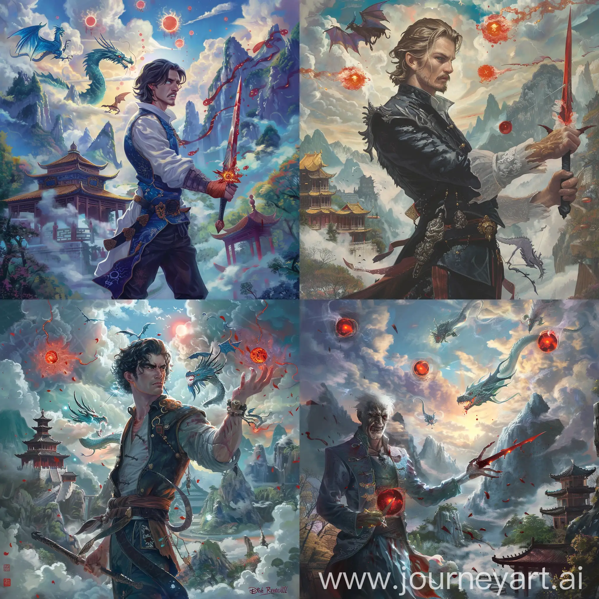 Historic painting style:

a Disney Villain, John Ratcliffe, he holds a medieval Chinese style blade in right hand, 

Chinese Guilin mountains and temple as background,  evil iced dragons and three small red blood suns in cloudy sky.