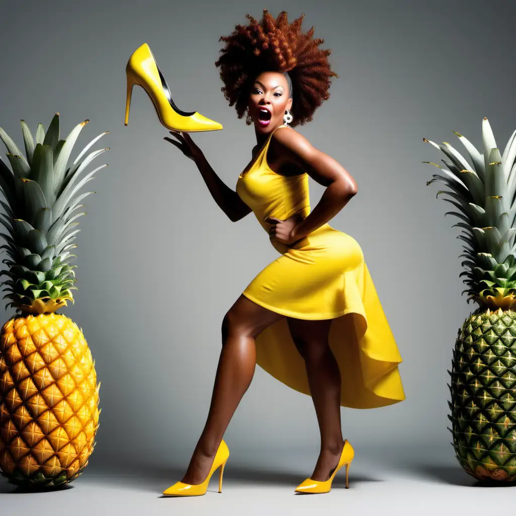 Vibrant HyperRealistic Image African American Woman Emerging from Pineapple Dress