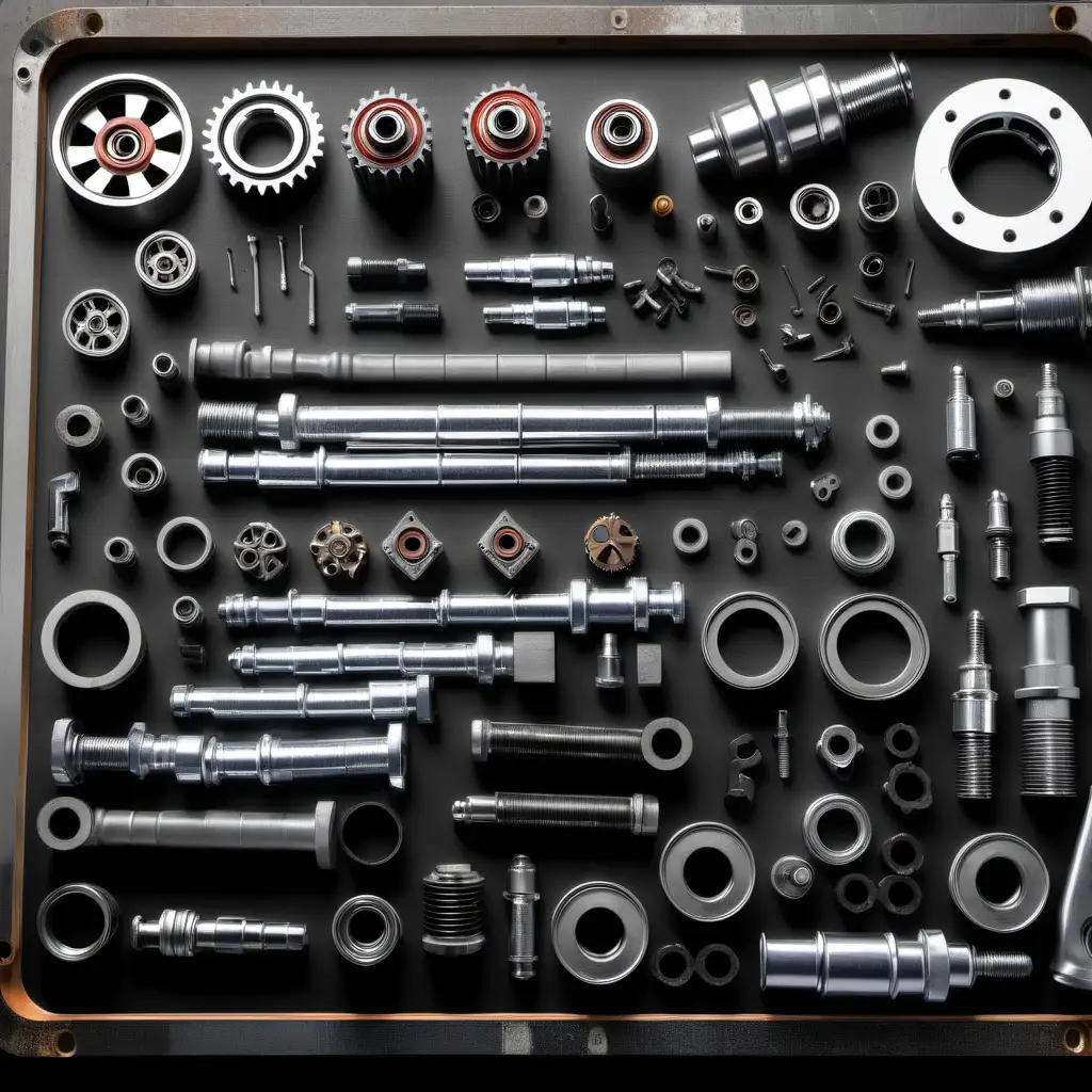 Generate high-definition images of various auto parts laid out on a clean, well-lit workbench. Include a diverse range of parts such as spark plugs, brake discs, steering wheels, and car batteries, each part showcasing its intricate details and craftsmanship. The parts should be arranged neatly, with enough space between them to distinguish each item clearly. The lighting should highlight the textures and materials of the auto parts, emphasizing their quality and design. The background should be minimalistic to keep the focus on the auto parts