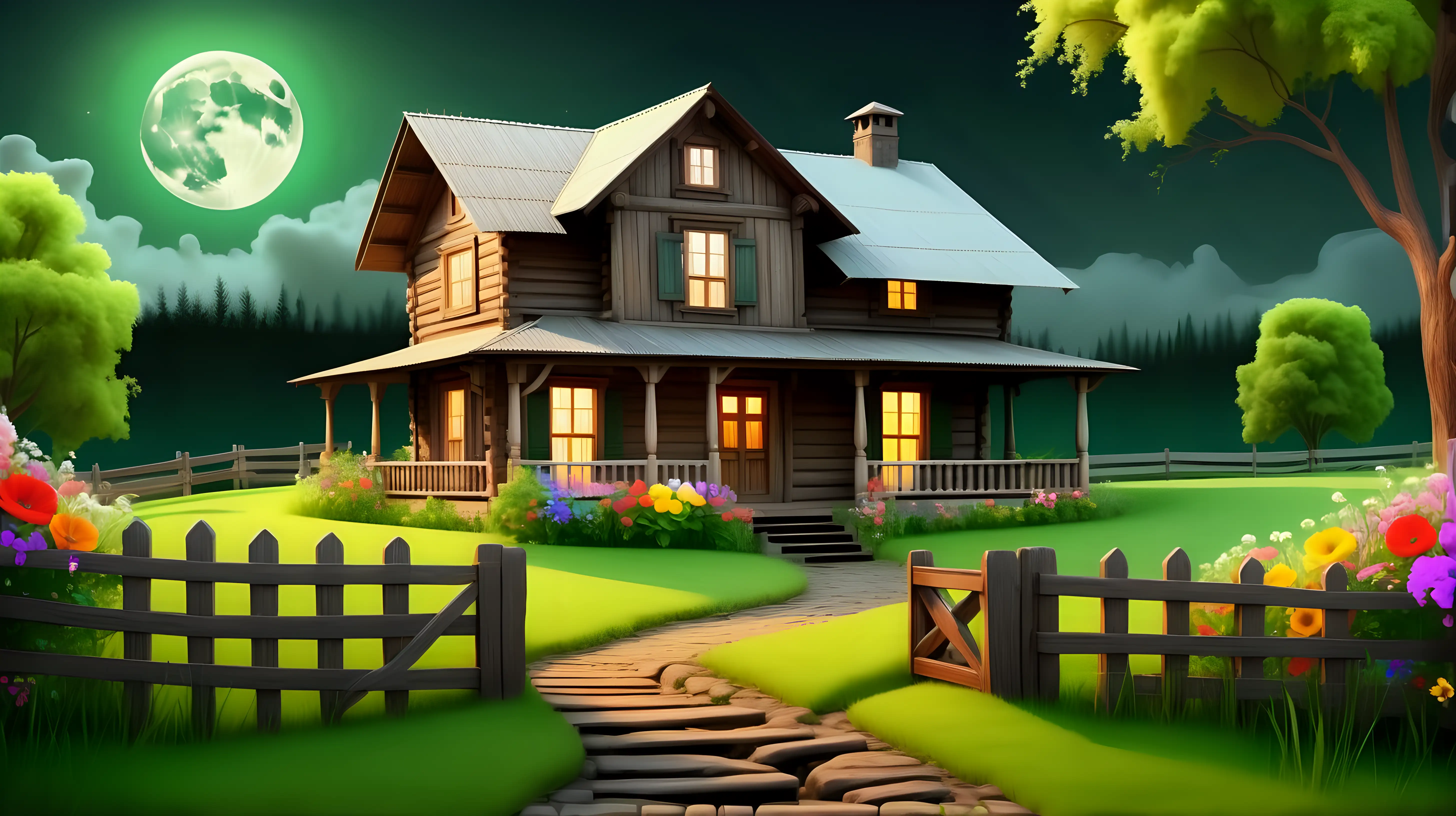 O casa veche de lemn, noapte cu o luna plina, gard de lemn pe un drum de tara, iarba verde cu multe flori colorate, cascada pe fundal, lumina la geamuril, cerul verde

