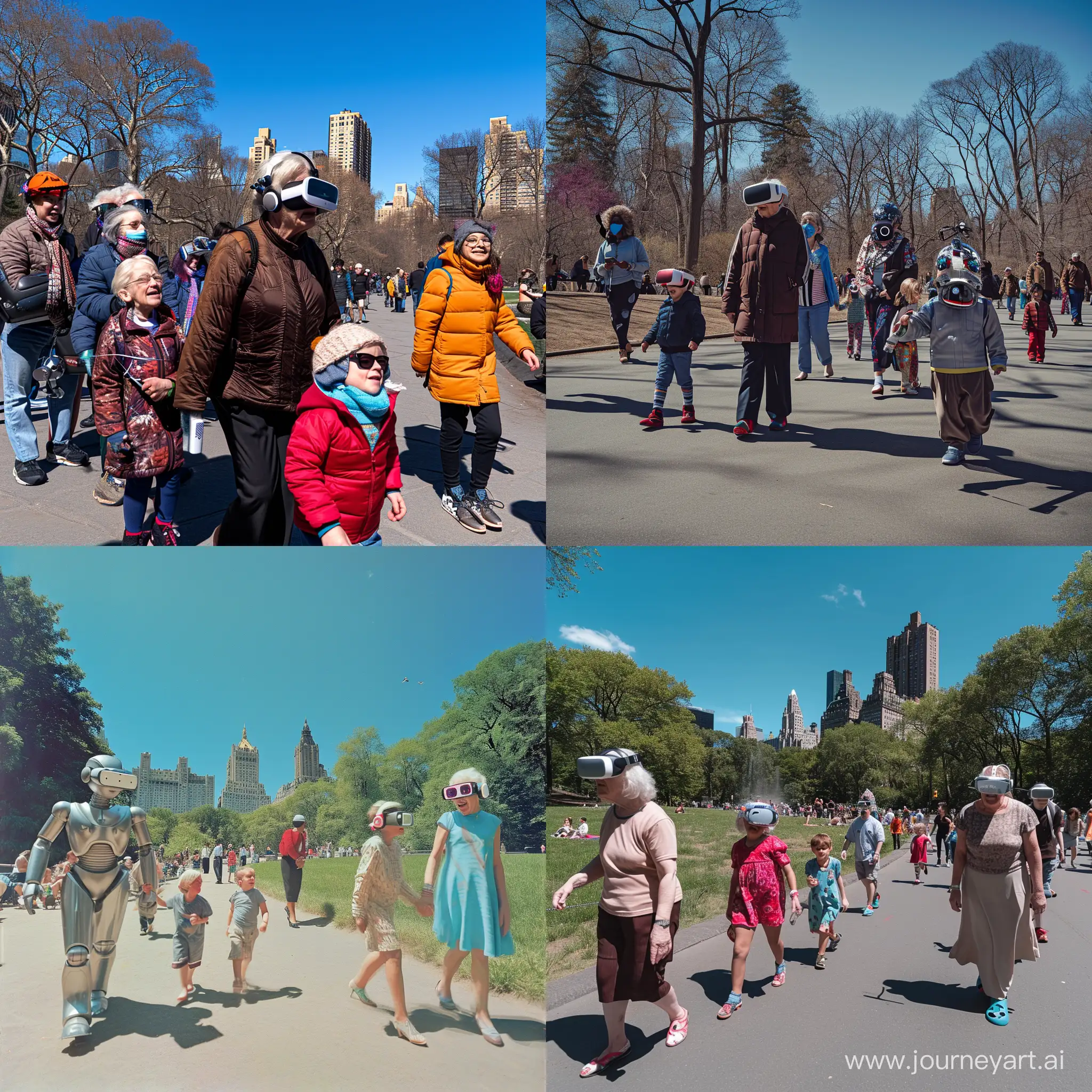 Central Park, New York, a sunny day with clear blue skies, elderly people accompanied by intelligent robots strolling along the pathways, children laughing and playing happily, young adults wearing portable VR goggles from the 90s, reminiscing the nostalgic Kodak moments. 