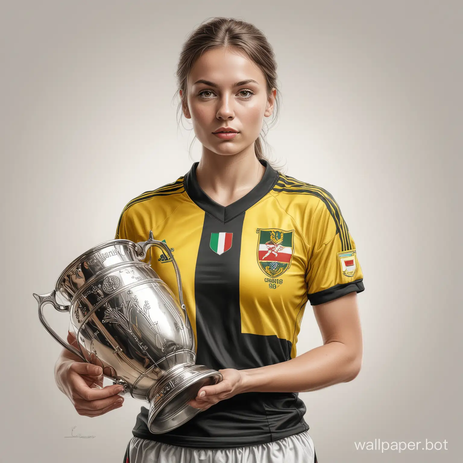 Sketch of a young Hungarian woman size 6 chest narrow waist in black and yellow soccer uniform holding a large champions cup on a white background highly realistic drawing with colored liner