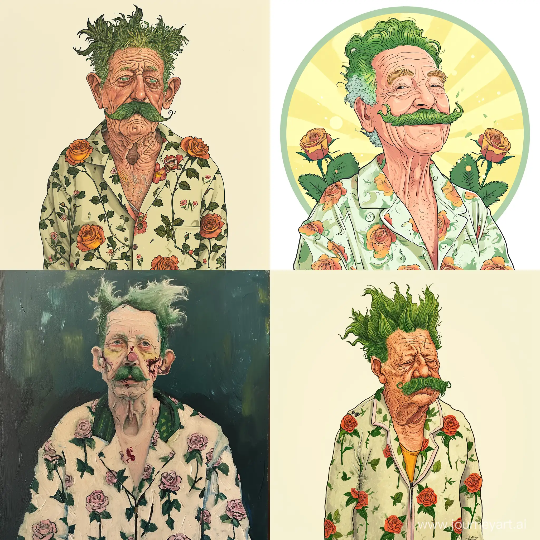 Cheerful-Grandpa-with-Green-Hair-and-Mustache-in-Rose-Pajamas