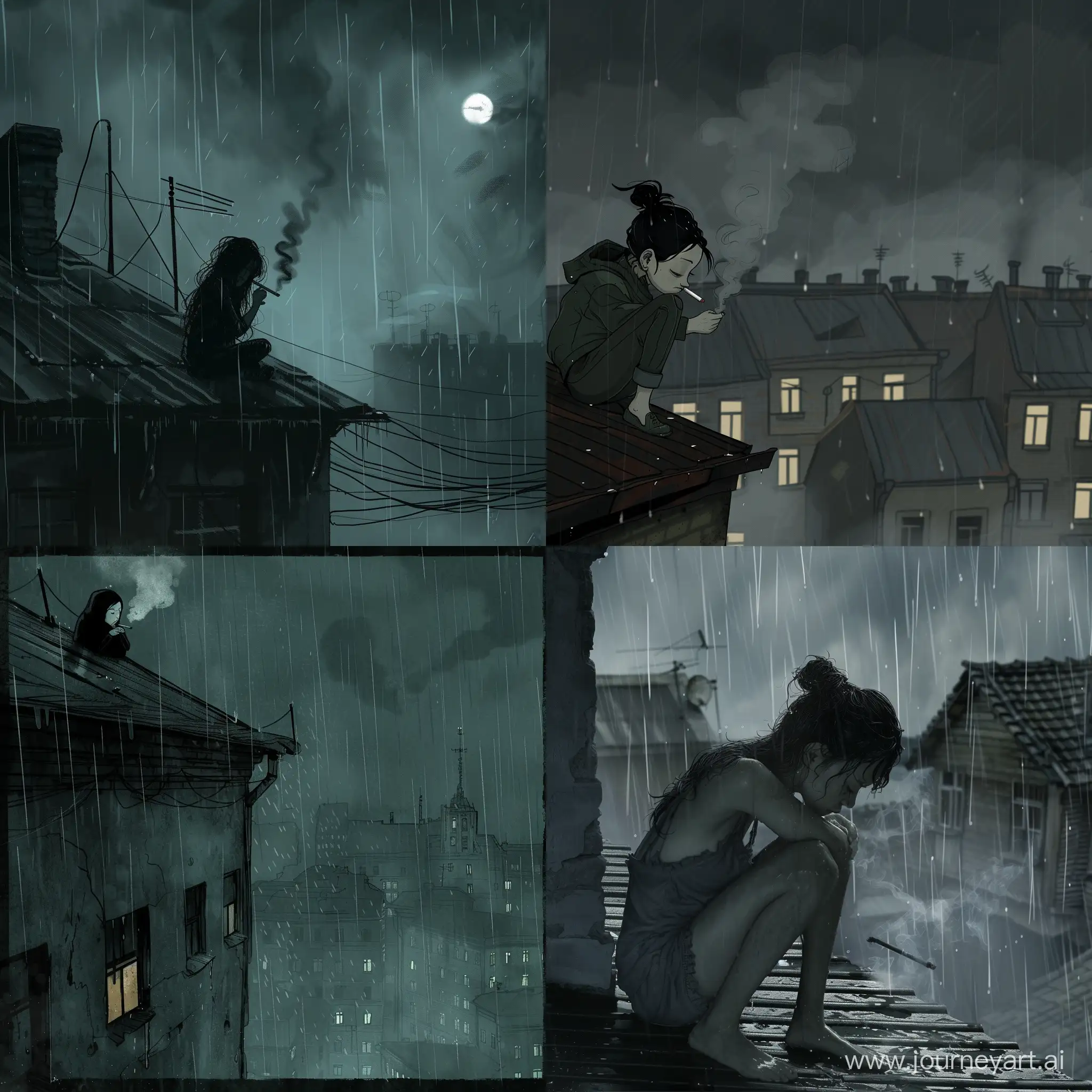 depressive Soviet panels in the rain with a smoking sad girl on the roof