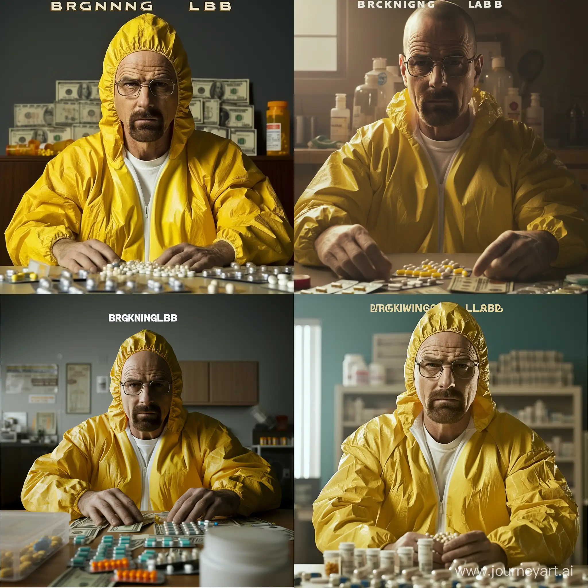 Walter-White-in-Breaking-Bad-Lab-with-Hazmat-Suit-Money-and-Drugs