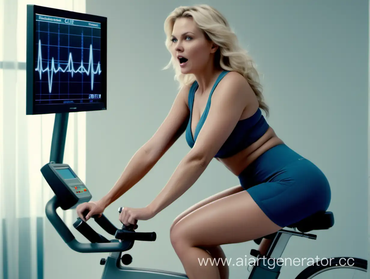 anuncio de cardioclinic con una mujer voluptuosa rubia conectada a un electrocardiograma montada en una bicicleta estacionaria haciendo una prueba de esfuerzo