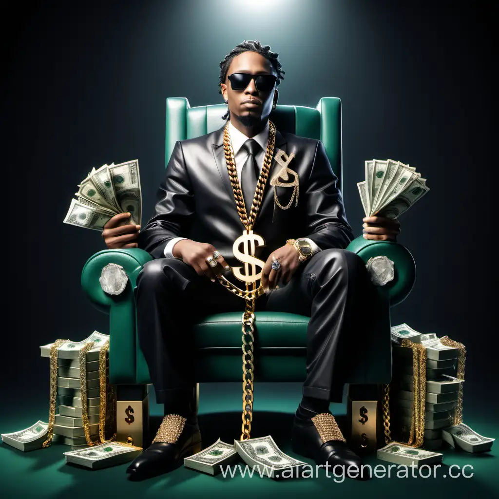 a human sitting in a chair with a LOT OF MONEY big chain with dollar sign on it and diamonds 